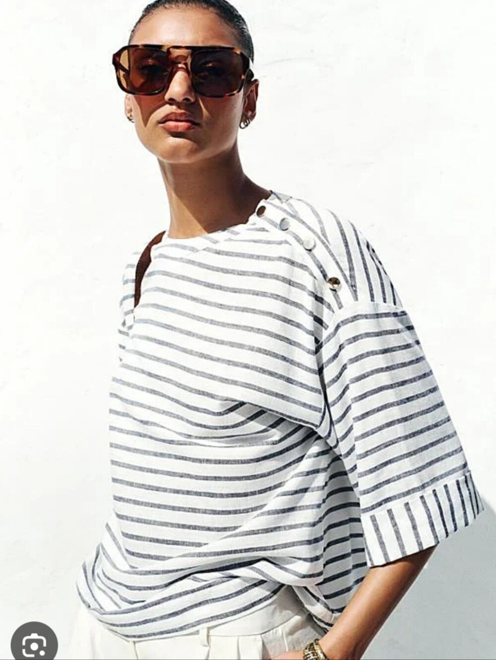 Zara White & Gray Striped Button-Shoulder Top